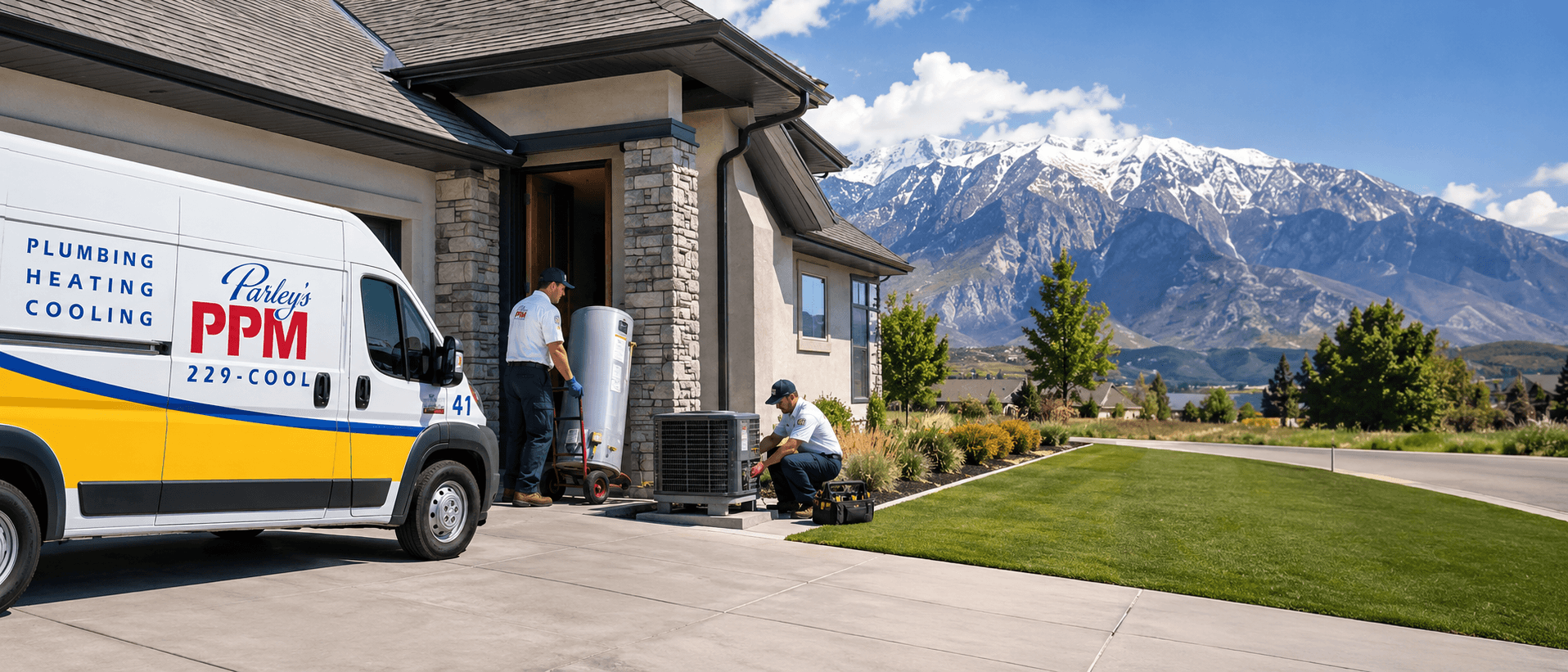 Parley's service van and technicians installing a water heater at an Orem, Utah home